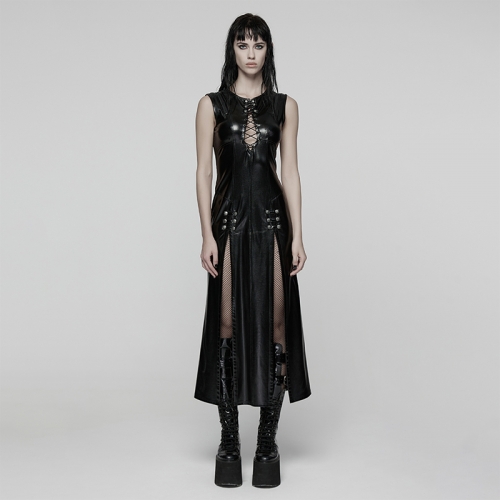 Punk Rave WQ-649LQF Slim Fit And Sleeveless Design Double Slits Punk Patent Leather Dress