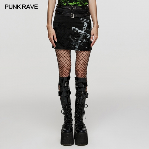 Punk Rave WQ-657BQF Skull Cross Printing Rubberised Detachable Belt Sexy Skirt