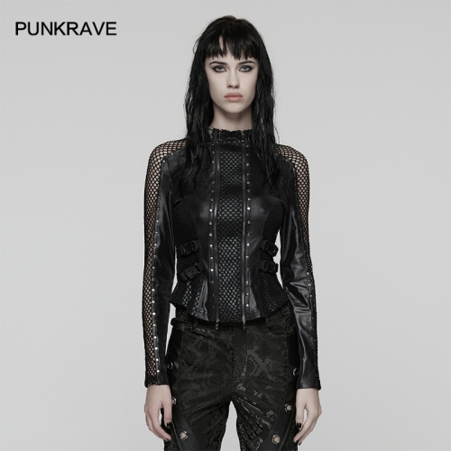 Punk Rave WT-1037TCF Double Zipper Design Mesh Hollow-Out Design Punk Techwear Long T-Shirt
