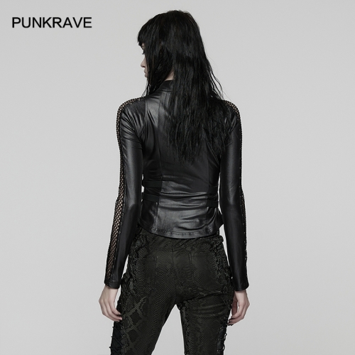 Punk Rave WT-1037TCF Double Zipper Design Mesh Hollow-Out Design Punk Techwear Long T-Shirt