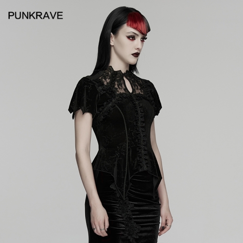 Punk Rave WT-1076TDF Exquisite Perspective Embroidered Collar Goth Gorgeous Rose Top