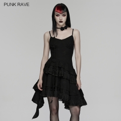 Punk Rave WQ-950LQF Irregular Pleated Yarn Flowers And Braided Rope Goth Embroidered Slip Dress