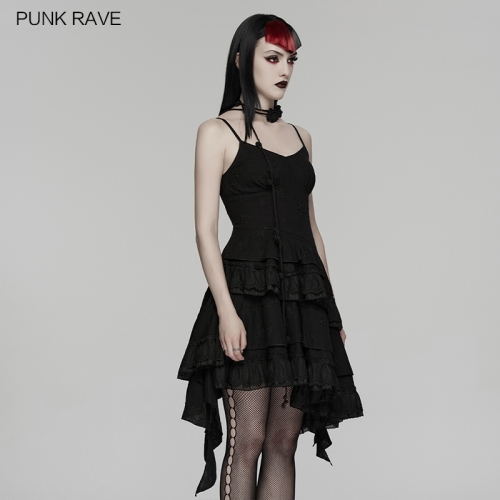 Punk Rave WQ-950LQF Irregular Pleated Yarn Flowers And Braided Rope Goth Embroidered Slip Dress