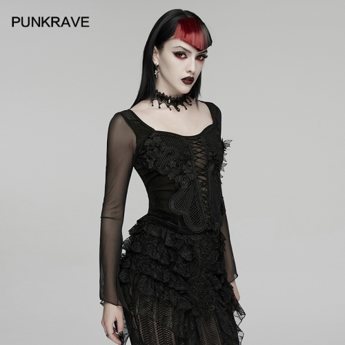 Punk Rave Mesh Sleeves Goth Embroidery T-Shirt