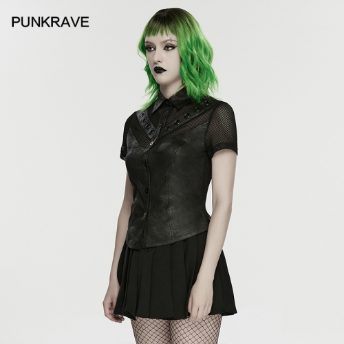 Punk Rave WY-1894CDF Cracked Leather And Mesh Punk Personalized Mesh Shirt