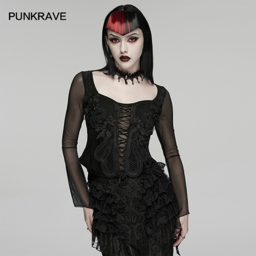Punk Rave Mesh Sleeves Goth Embroidery T-Shirt