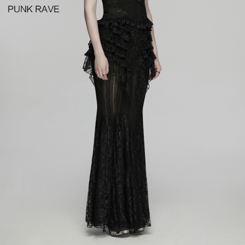 Punk Rave WQ-938BQF Symmetrical Lace Pleats Goth Lace Layered Skirt