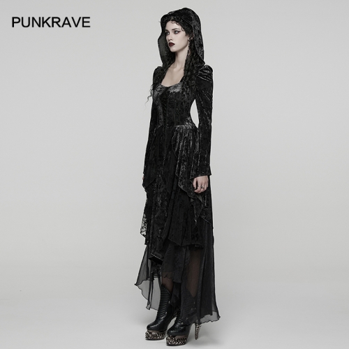 Punk Rave WQ-892LQF Flocking Mesh And Chiffon Tie-Dyed Velvet Gothic Hooded Layered Dress