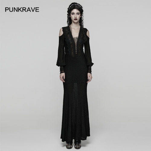 Punk Rave WQ-887LQF Delicate Lace And V-Neck Drawstring Elegant Goth Sheer Dress
