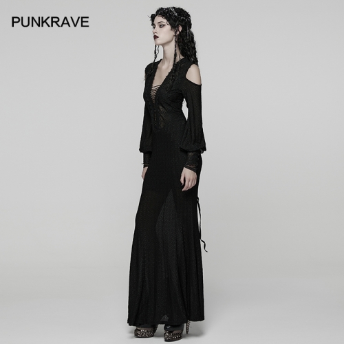 Punk Rave WQ-887LQF Delicate Lace And V-Neck Drawstring Elegant Goth Sheer Dress