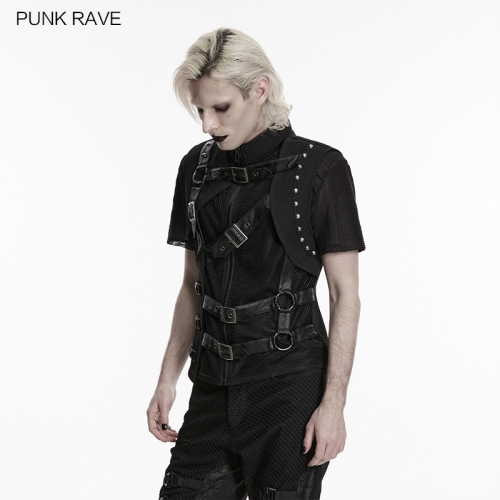 Punk Rave WY-1934MJM Honeycomb Thick Mesh And Regular Mesh Punk Asymmetrical Fake Two-Piece Vest