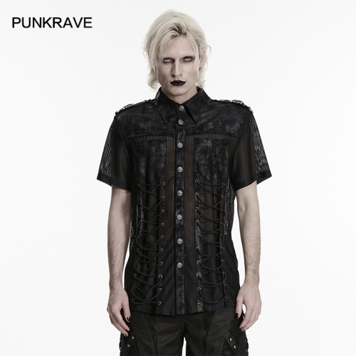 Punk Rave WY-1964CDM Distressed Rubberized Twill Fabric And Mesh Punk Mesh Shirt