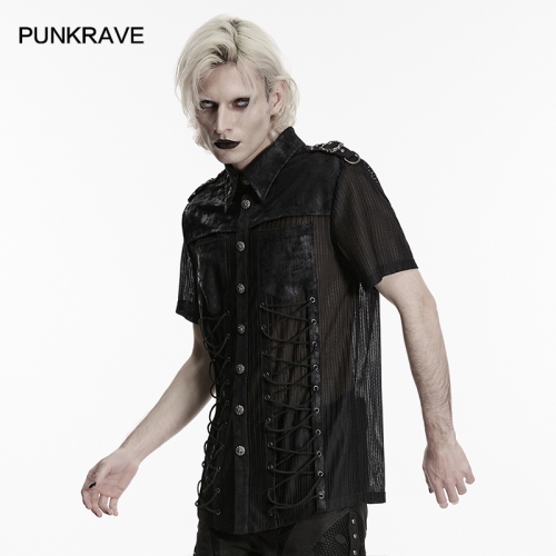 Punk Rave WY-1964CDM Distressed Rubberized Twill Fabric And Mesh Punk Mesh Shirt