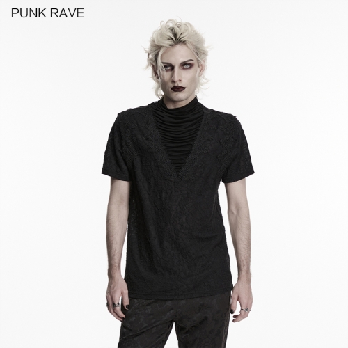 Punk Rave WT-1113TDM V Neckline And Stand Collar Gothic Pleated Drape T-Shirt