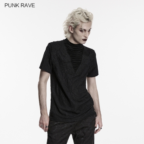 Punk Rave WT-1113TDM V Neckline And Stand Collar Gothic Pleated Drape T-Shirt