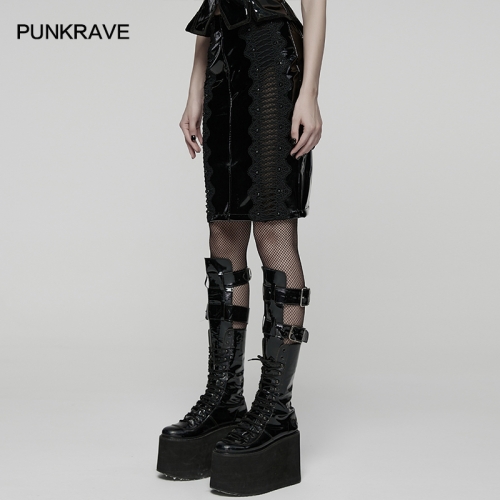 Punk Rave WQ-875BQF Symmetrical Hollow Laces Sexy And Unruly Charm Goth Patent Leather Skirt