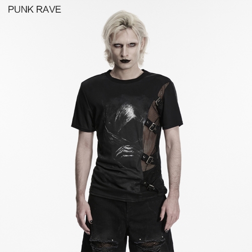 Punk Rave WT-1104TDM Elastic Knitted Fabric And Mesh Punk Printed T-Shirt