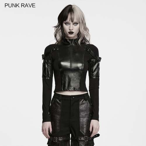 Punk Rave WT-1121TCF Half-Open Zipper Stand Collar Design Short Fitted Cut Punk Dark Functional Crop Top