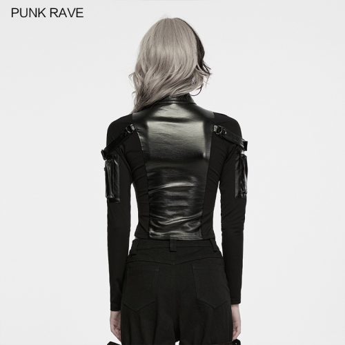 Punk Rave WT-1121TCF Half-Open Zipper Stand Collar Design Short Fitted Cut Punk Dark Functional Crop Top
