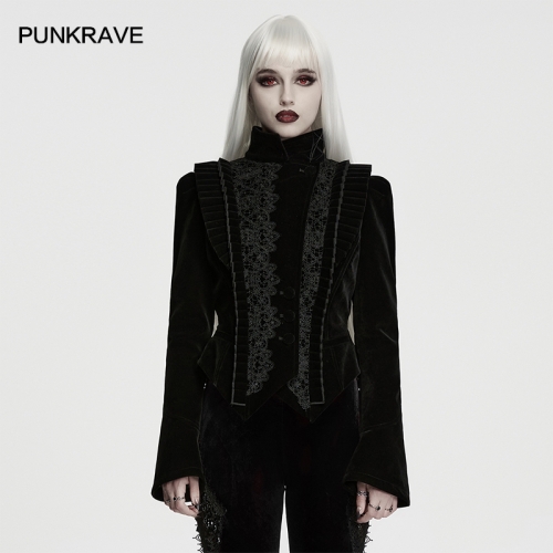 Punk Rave WY-1981DQF Stand Collar Single-Button Design Exquisite Lace Goth Dark Blood Coat