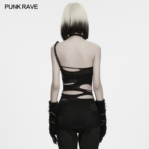 Punk Rave WT-1145BXF High-Stretch Skin-Friendly Sexy Ripped Chain T-Shirt