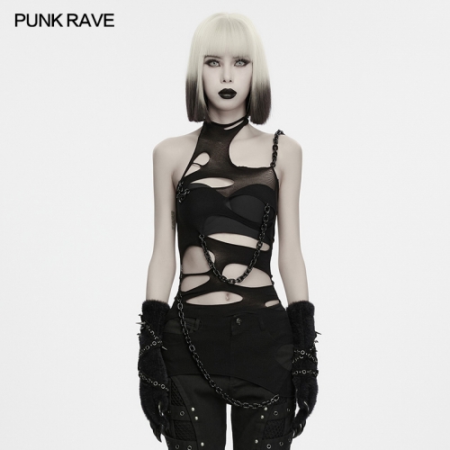 Punk Rave WT-1145BXF High-Stretch Skin-Friendly Sexy Ripped Chain T-Shirt