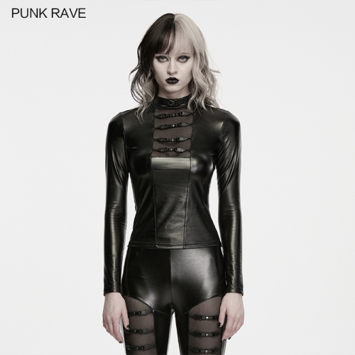 Punk Rave WT-1105TCF Dark Mesh Elastic And Soft Faux Leather Punk T-Shirt