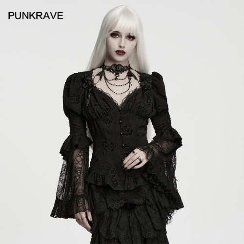 Punk Rave Unique And Comfortable Jacquard Fabric And Lace Goth Dark Night Rose Glamorous Shirt
