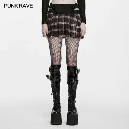 Punk Rave WQ-983BQF Glossy Patent Leat Two Colors Washed Plaid Fabric Punk Decadent Pleated Skirt