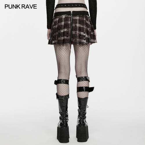 Punk Rave WQ-983BQF Glossy Patent Leat Two Colors Washed Plaid Fabric Punk Decadent Pleated Skirt