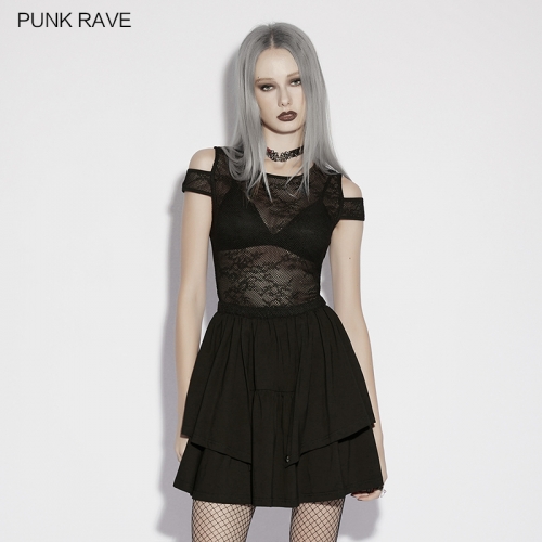 Punk Rave OQ-961LQF Double Layered Irregular Skirt Hem Goth Perspective Lace Dress