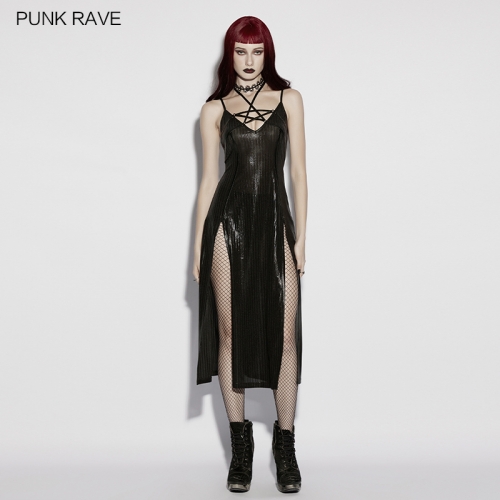 Punk Rave OQ-976LQF Glossy Elastic Stripe Knitted Fabric Punk Star Slip Dress