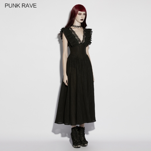 Punk Rave OQ-970LQF Exquisite Rose Hollow Lace Goth Romantic Sexy V-Neck Flying Sleeve Dress