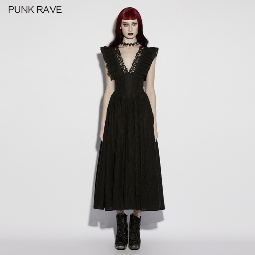 Punk Rave OQ-970LQF Exquisite Rose Hollow Lace Goth Romantic Sexy V-Neck Flying Sleeve Dress