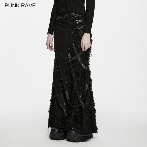 Punk Rave WQ-1003BQF Tattered Woven Fabric And Distressed Knit Fabric Punk Asymmetric Decadent Skirt